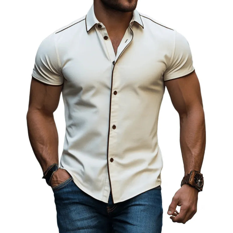 Mens Casual Premium Cotton Contrast Trim Lapel Single Breasted Slim Fit Short Sleeve Shirt - AngraBech