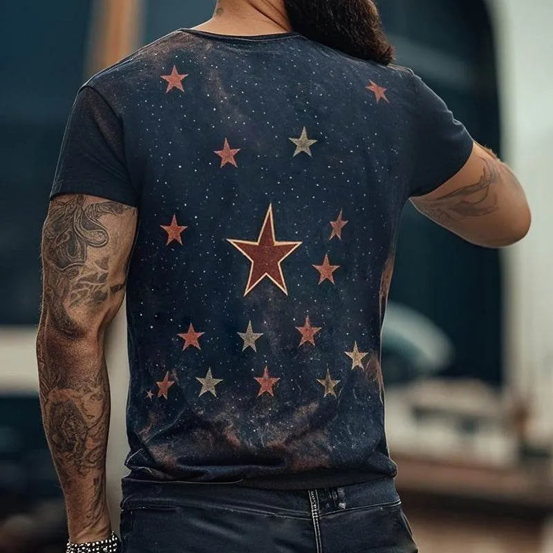 Mens Retro Casual Star Universe Printed Round Ne Short Sleeve T Shirt - AngraBech
