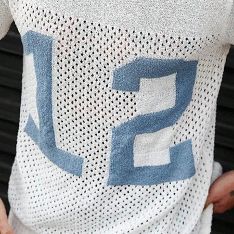 Mens Sport Lettering Jacquard Crew Ne Short Sleeve Sweater - AngraBech