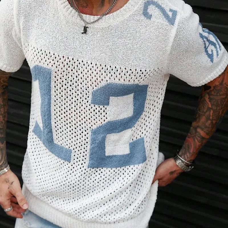 Mens Sport Lettering Jacquard Crew Ne Short Sleeve Sweater - AngraBech