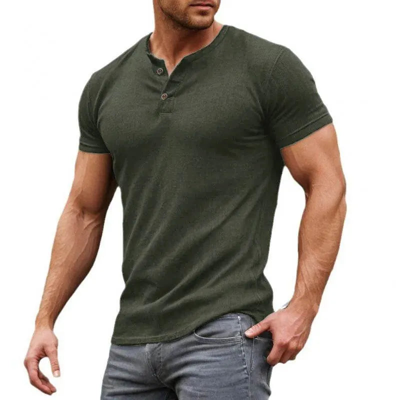 Mens Casual Solid Cotton Blend Slim Fit Henley Ne Short Sleeve T Shirt - AngraBech
