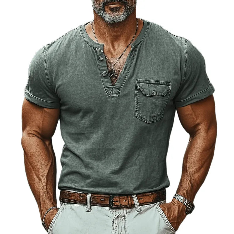 Mens Washed Poet Solid Color Short Sleeve Denim Henley T Shirt - AngraBech