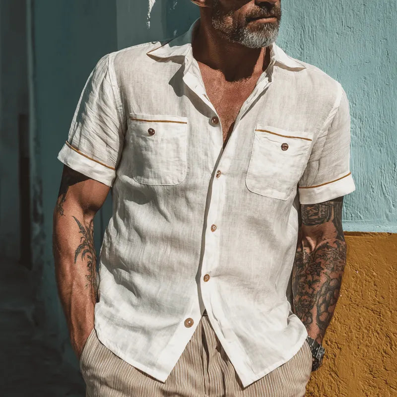 Mens Cotton Multi Poet Solid Color Short Sleeve Shirt - AngraBech