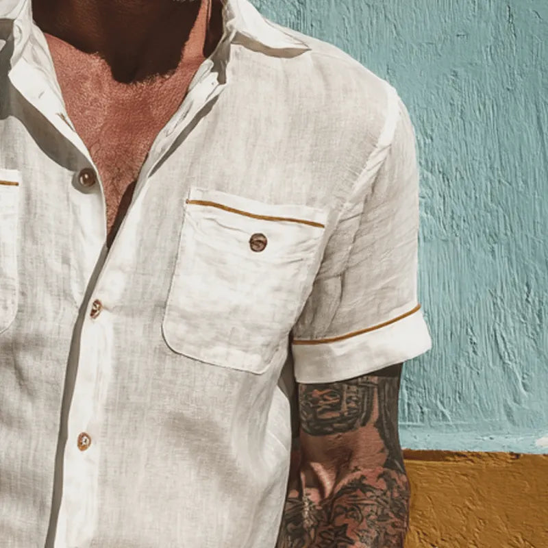 Mens Cotton Multi Poet Solid Color Short Sleeve Shirt - AngraBech
