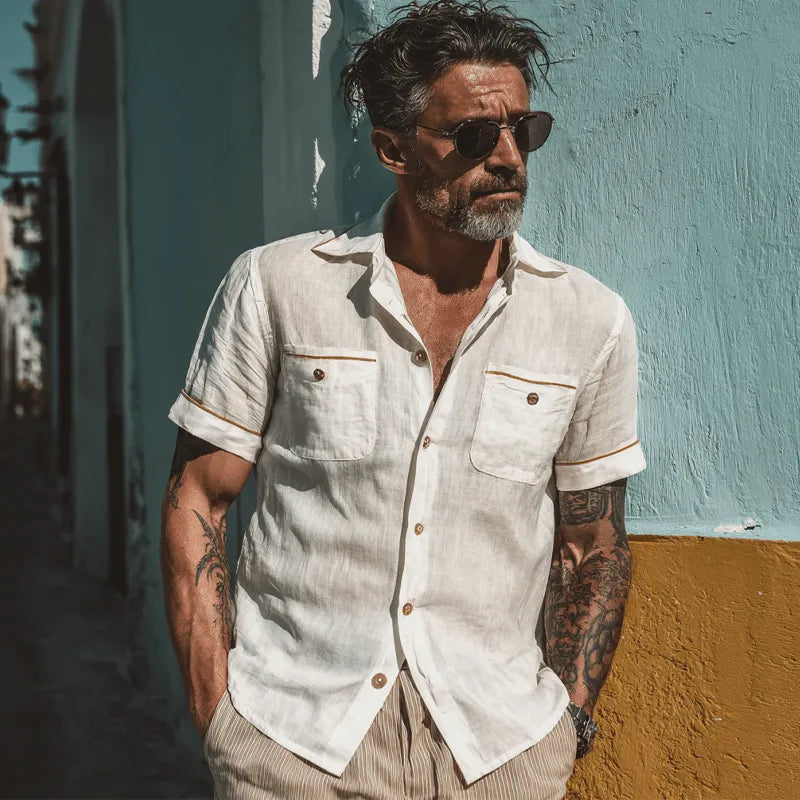 Mens Cotton Multi Poet Solid Color Short Sleeve Shirt - AngraBech