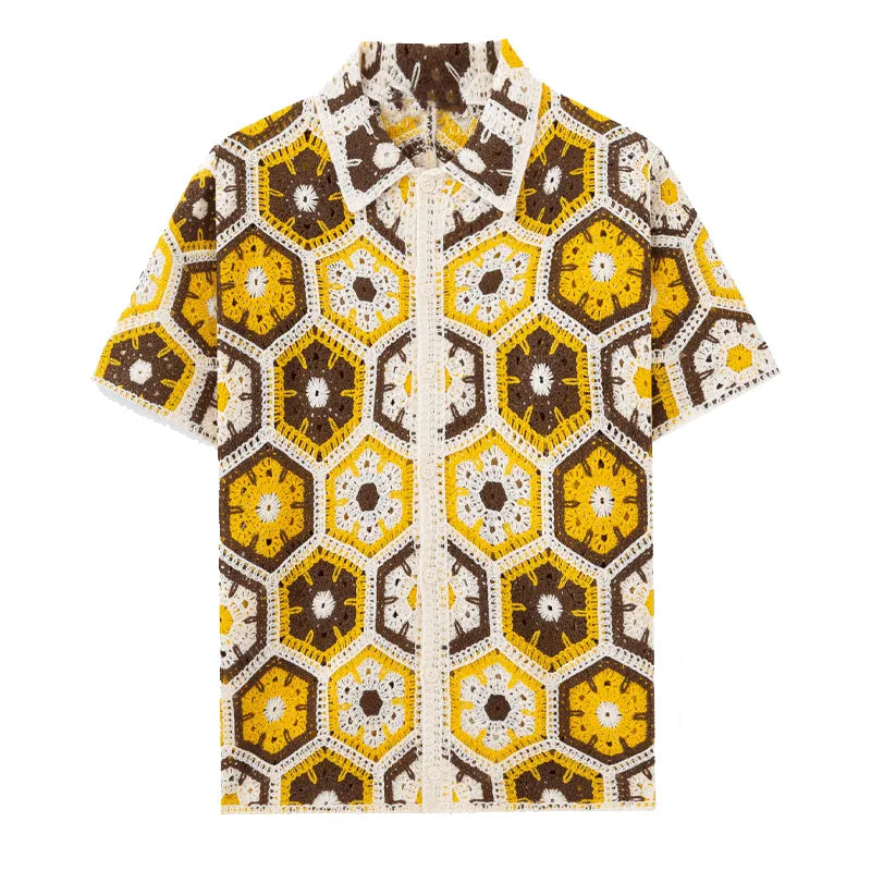 Mens Floral Jacquard Short Sleeved Shirt - AngraBech