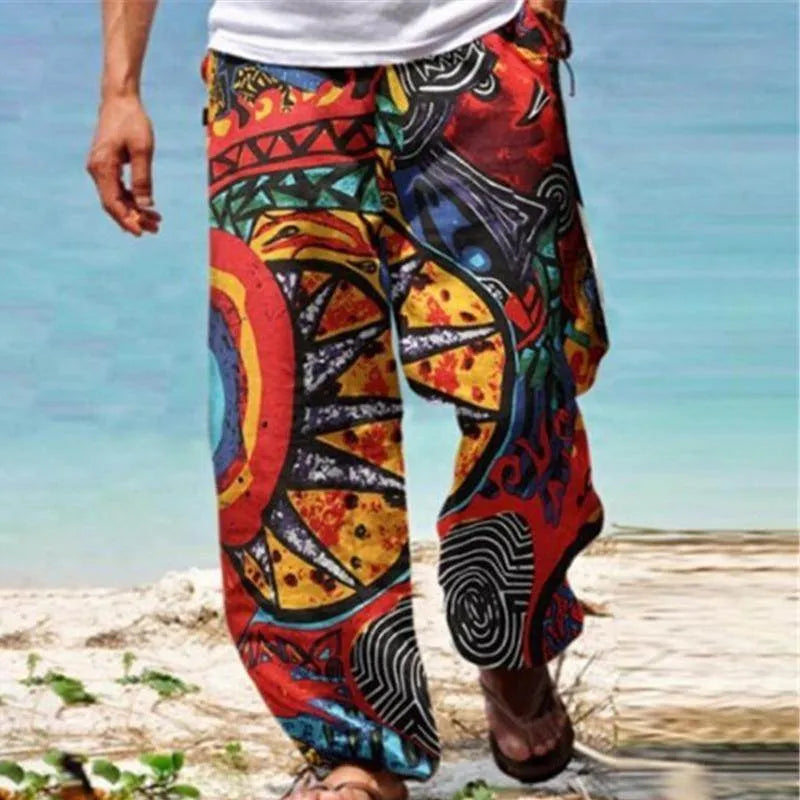 Mens Vintage Loose Printed Drawstring Pants - AngraBech