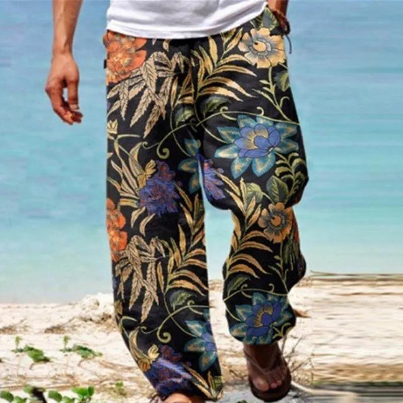 Mens Vintage Loose Printed Drawstring Pants - AngraBech