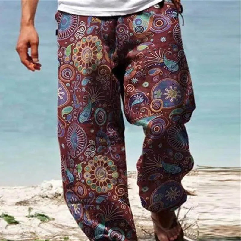 Mens Vintage Loose Printed Drawstring Pants - AngraBech