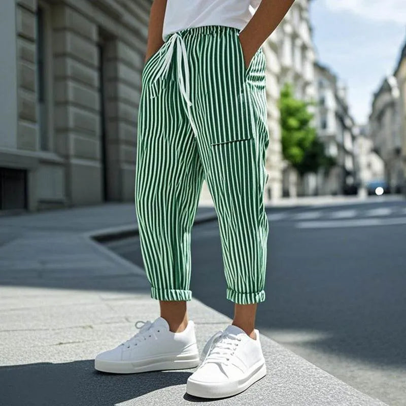 Mens Casual Cotton Blend Striped Elastic Waist Tapered Pants - AngraBech
