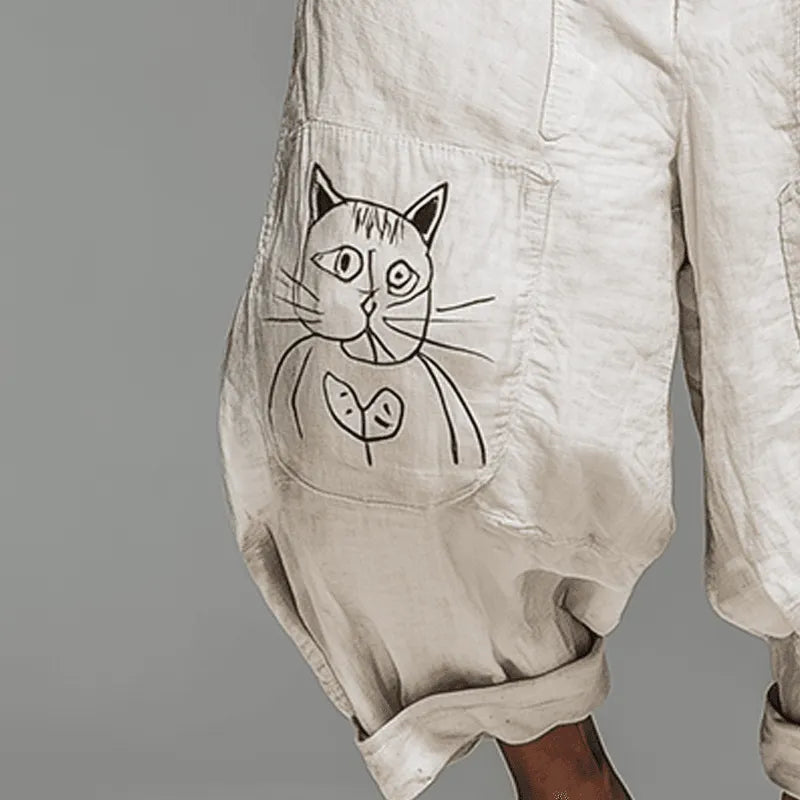 Mens Summer Fashion Cat Print Cotton And Linen Bloomers - AngraBech