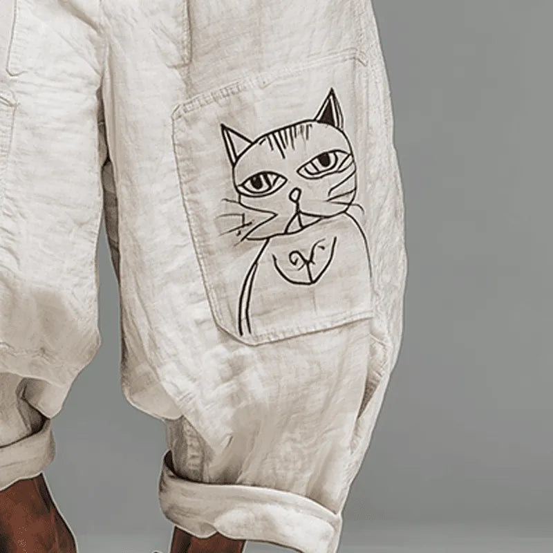 Mens Summer Fashion Cat Print Cotton And Linen Bloomers - AngraBech
