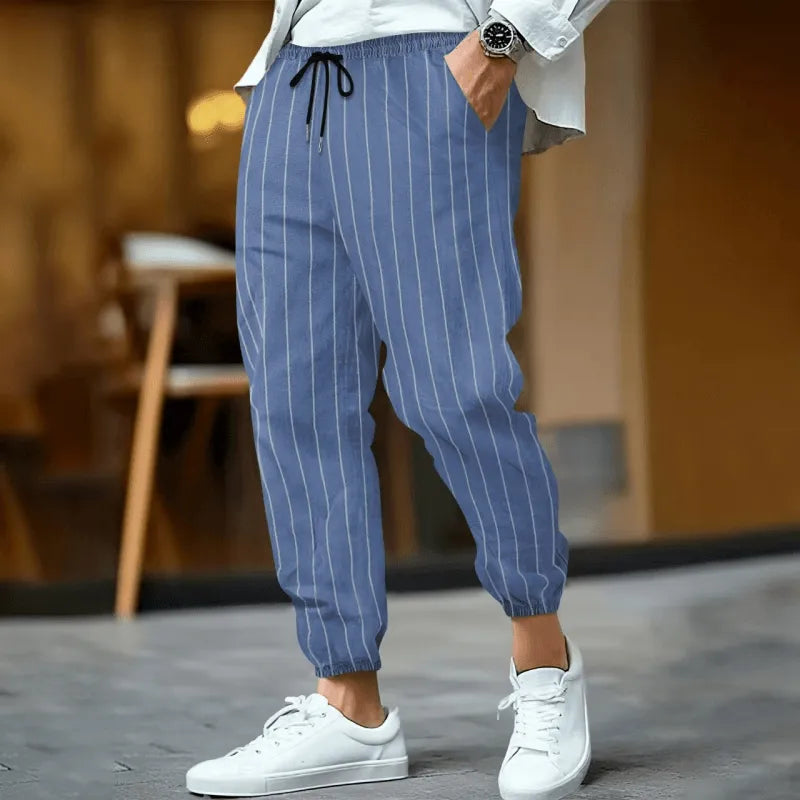 Mens Casual Breaable Cotton Linen Striped Elastic Waist Loose Cuff Pants - AngraBech