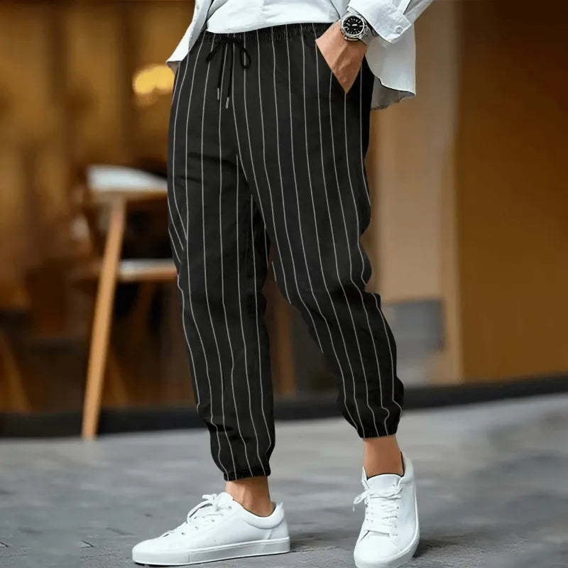 Mens Casual Breaable Cotton Linen Striped Elastic Waist Loose Cuff Pants - AngraBech