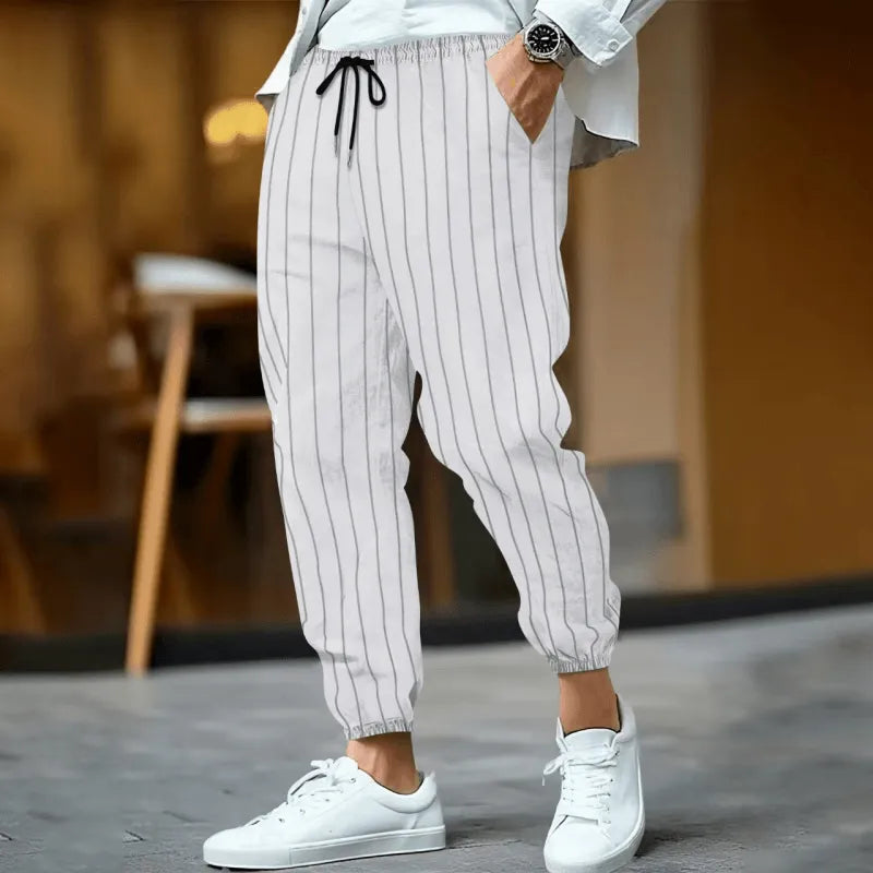 Mens Casual Breaable Cotton Linen Striped Elastic Waist Loose Cuff Pants - AngraBech