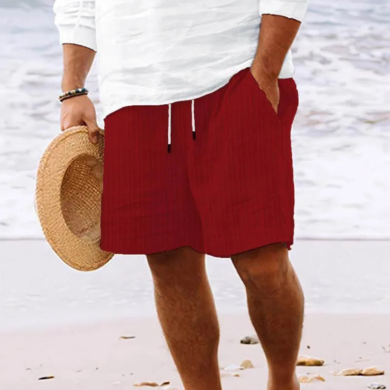 Mens Cotton And Linen Striped Beach Drawstring Shorts - AngraBech
