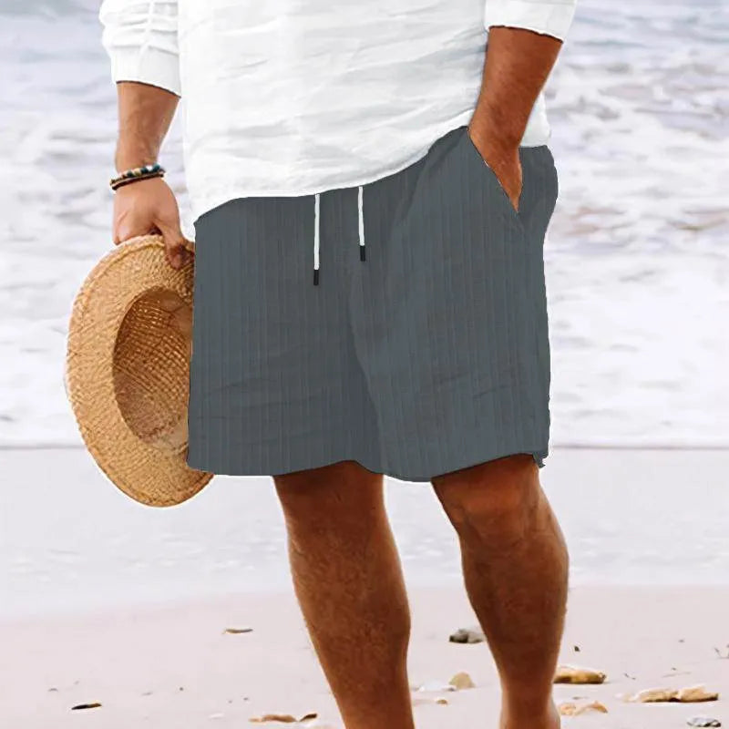 Mens Cotton And Linen Striped Beach Drawstring Shorts - AngraBech