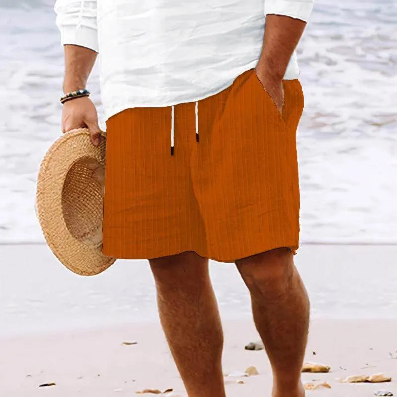 Mens Cotton And Linen Striped Beach Drawstring Shorts - AngraBech