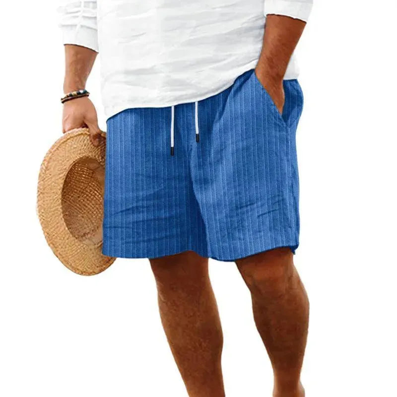 Mens Cotton And Linen Striped Beach Drawstring Shorts - AngraBech
