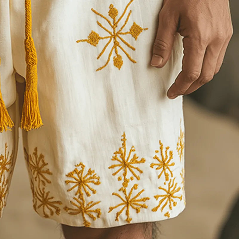 Mens Summer Fashion Cotton And Linen Embroidered Casual Shorts - AngraBech