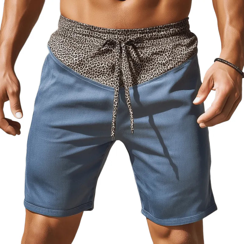 Mens Casual Cotton Blend Leopard Print Colorblo Elastic Waist Drawstring Loose Shorts - AngraBech