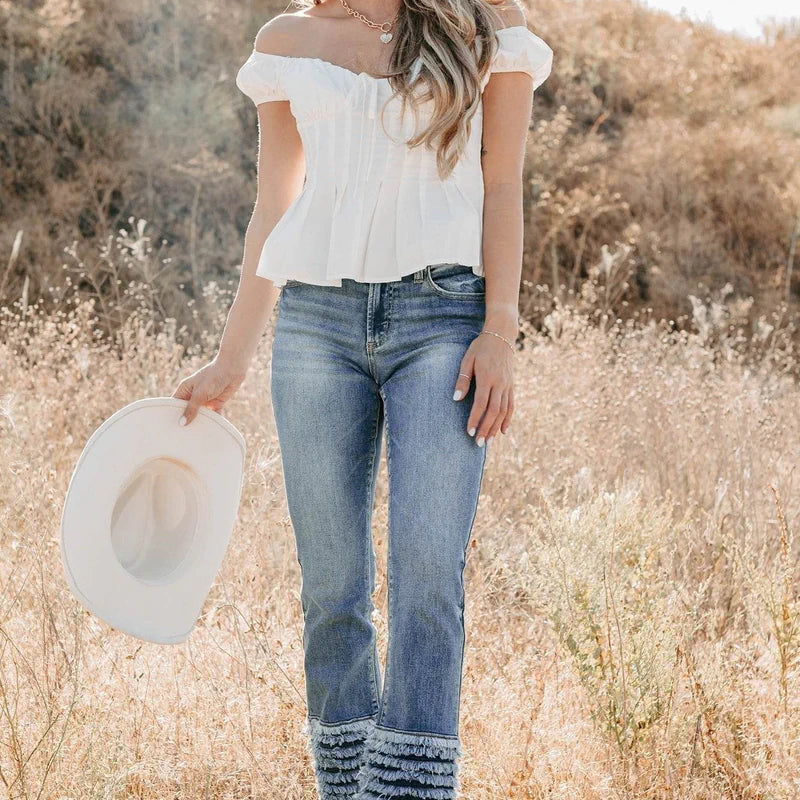 Mid Rise Frayed Hem Cello Flare Jeans Medium - AngraBech