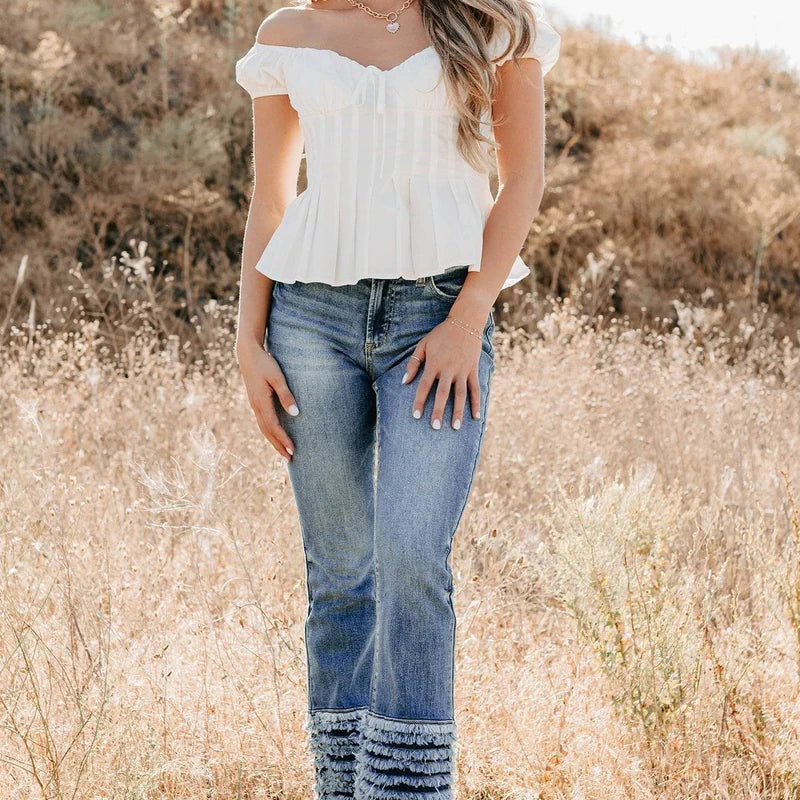 Mid Rise Frayed Hem Cello Flare Jeans Medium - AngraBech