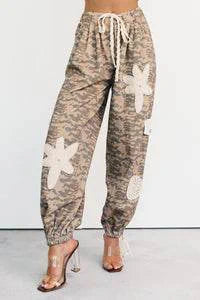 Sun Comes Up Pol Drawstring Denim Joggers Beige Camo - AngraBech