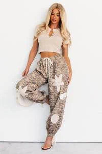 Sun Comes Up Pol Drawstring Denim Joggers Beige Camo - AngraBech