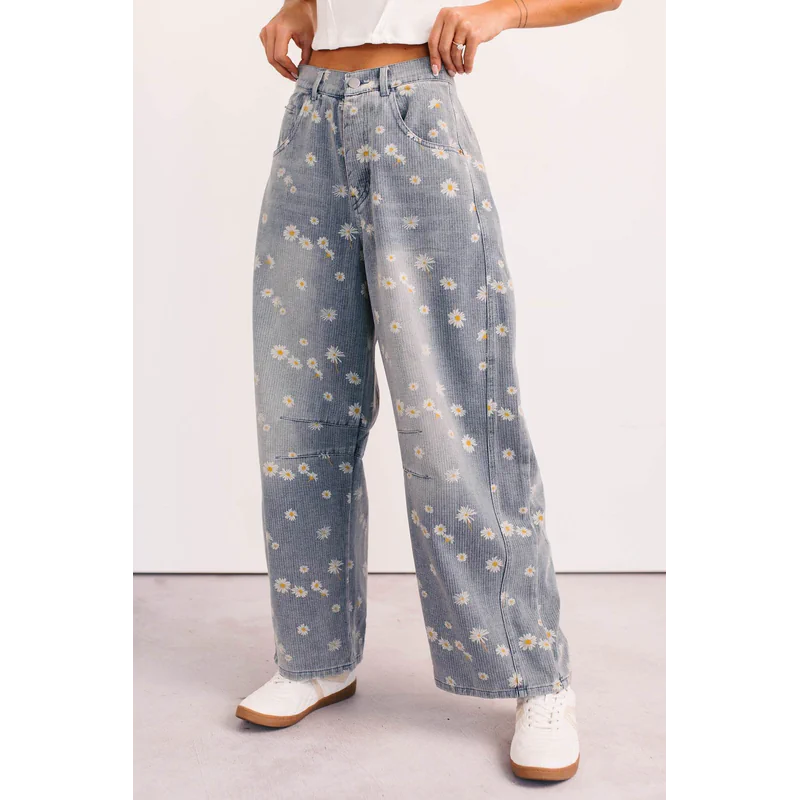 Rae Floral Stripe Wide Leg Barrel Jeans Denim - AngraBech