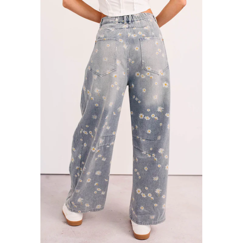Rae Floral Stripe Wide Leg Barrel Jeans Denim - AngraBech