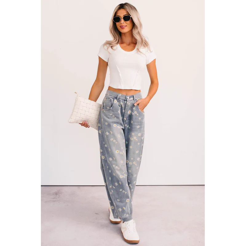 Rae Floral Stripe Wide Leg Barrel Jeans Denim - AngraBech