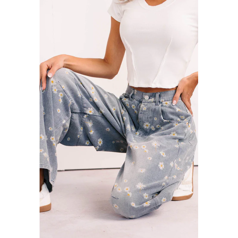 Rae Floral Stripe Wide Leg Barrel Jeans Denim - AngraBech