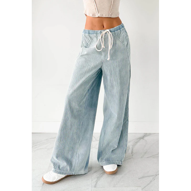 Franklin Striped Drawstring Wide Leg Jeans Denim - AngraBech