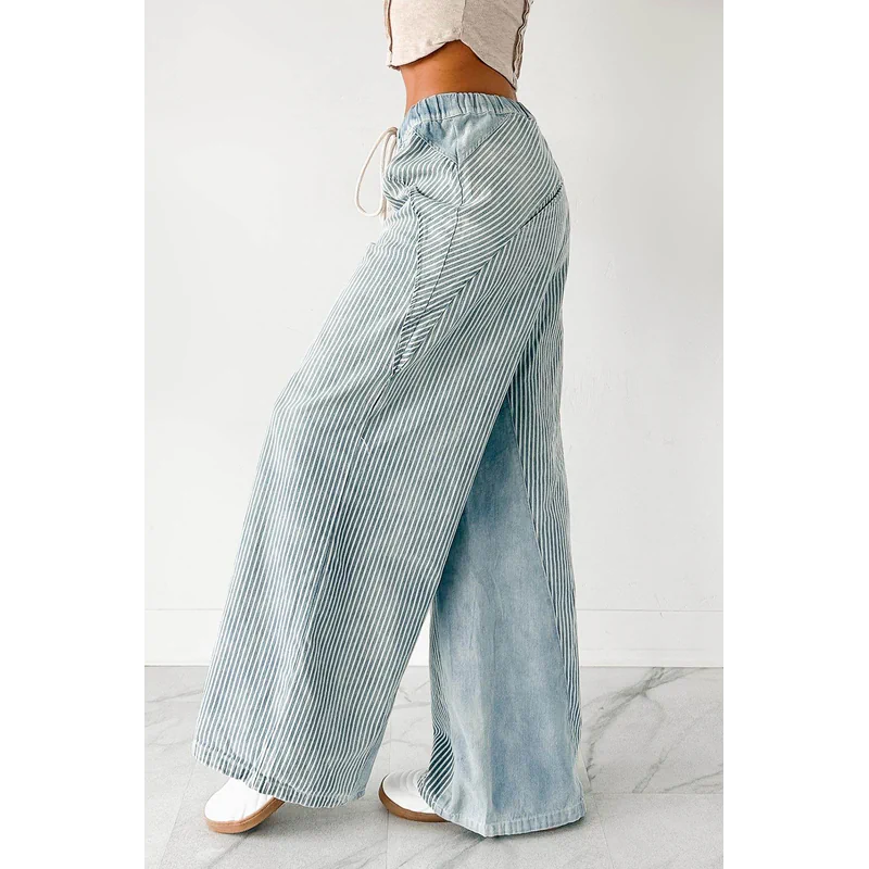 Franklin Striped Drawstring Wide Leg Jeans Denim - AngraBech