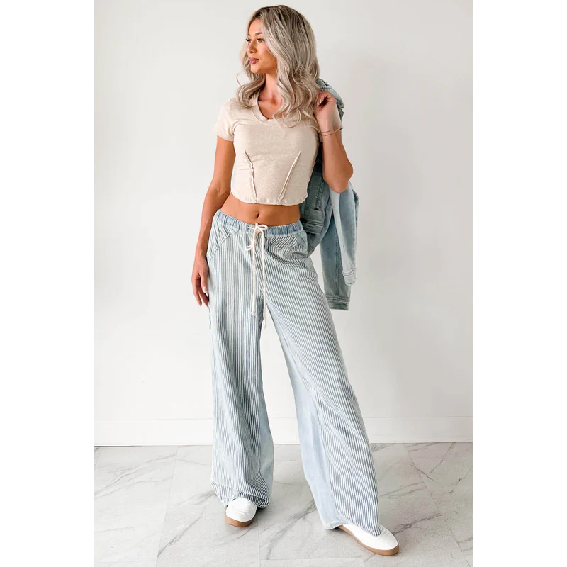 Franklin Striped Drawstring Wide Leg Jeans Denim - AngraBech