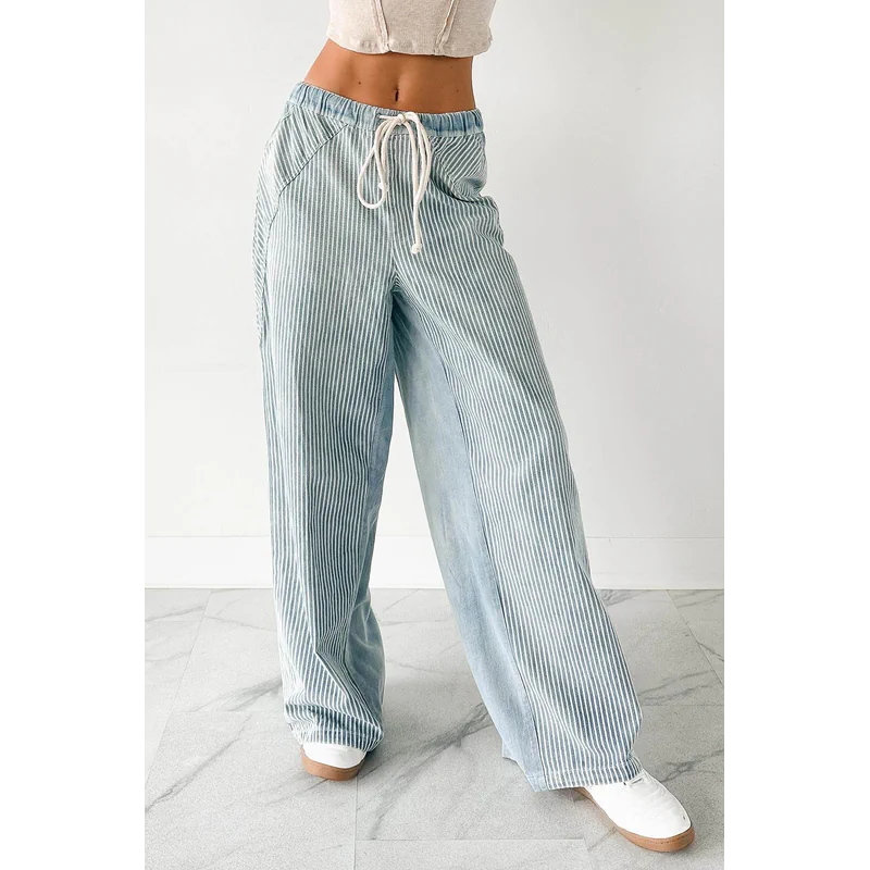 Franklin Striped Drawstring Wide Leg Jeans Denim - AngraBech