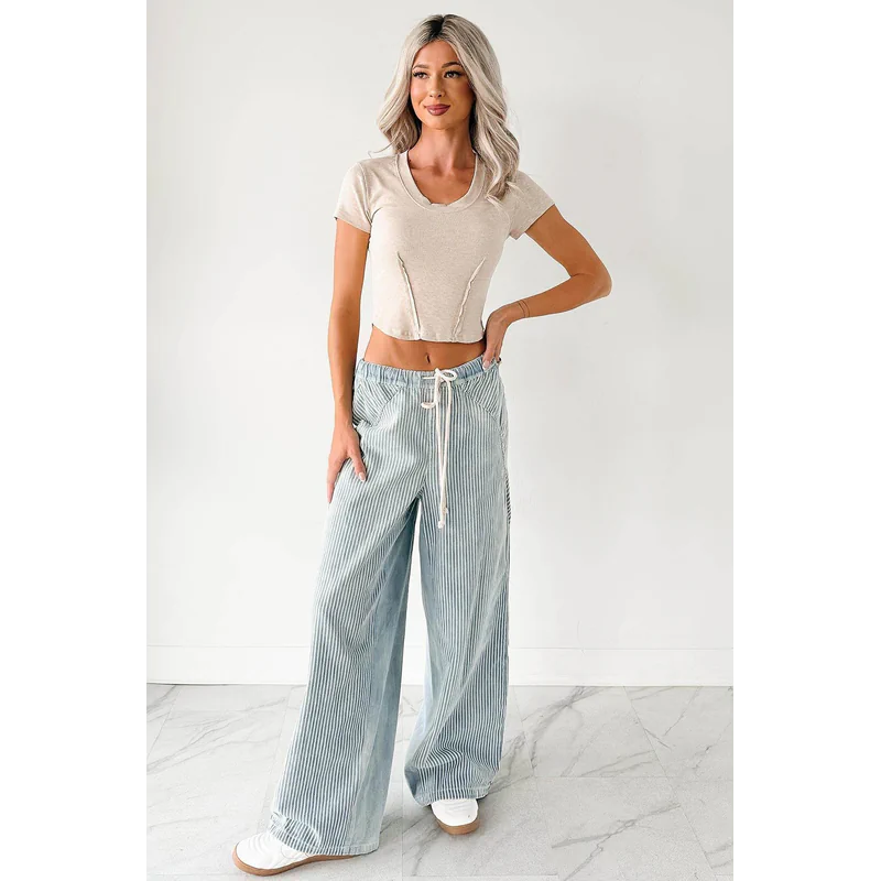 Franklin Striped Drawstring Wide Leg Jeans Denim - AngraBech