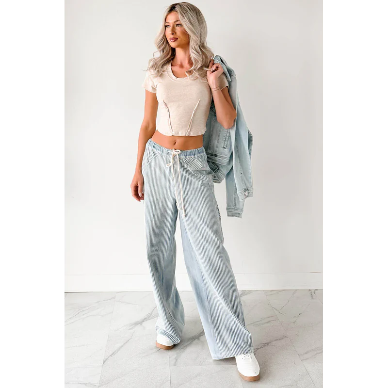 Franklin Striped Drawstring Wide Leg Jeans Denim - AngraBech