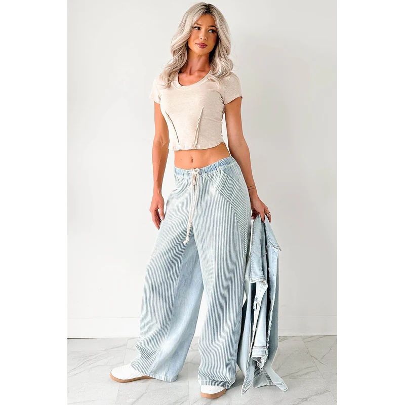Franklin Striped Drawstring Wide Leg Jeans Denim - AngraBech
