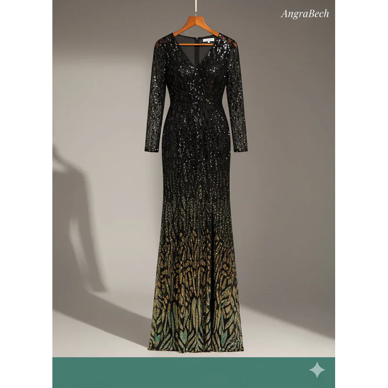 Black sequin evening gown on a hanger against a neutral background