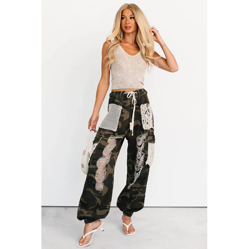 On Duty Cutie Distressed Cargo Pol Joggers Camo - AngraBech