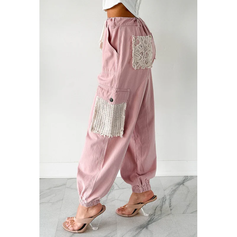 Sweet Melody Crochet Denim Pol Joggers Powder Pink - AngraBech