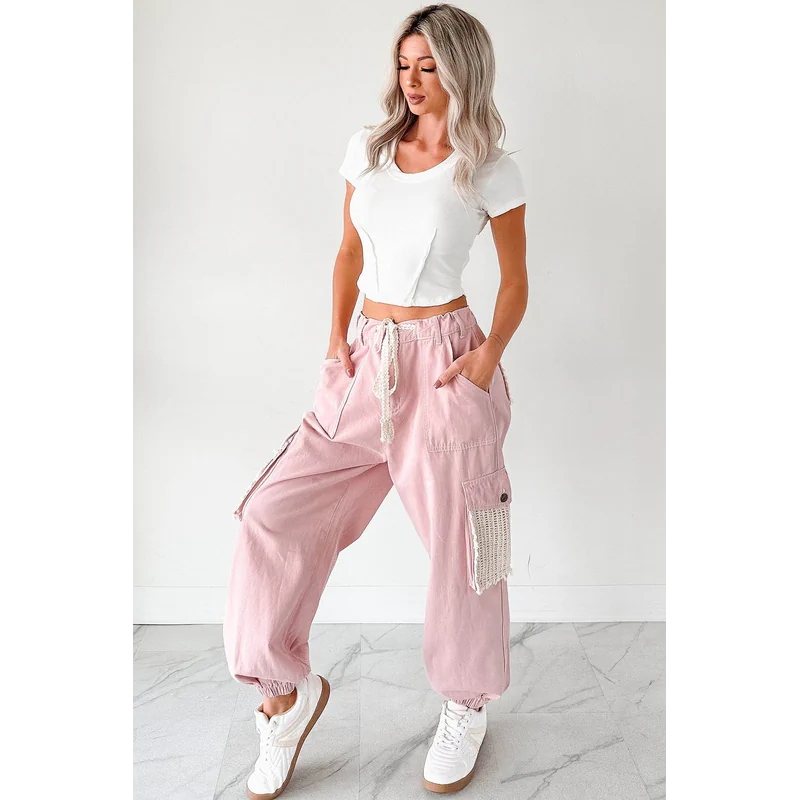 Sweet Melody Crochet Denim Pol Joggers Powder Pink - AngraBech