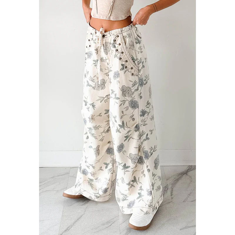 Lorelei Wide Leg Floral Pol Jeans Cream Floral - AngraBech