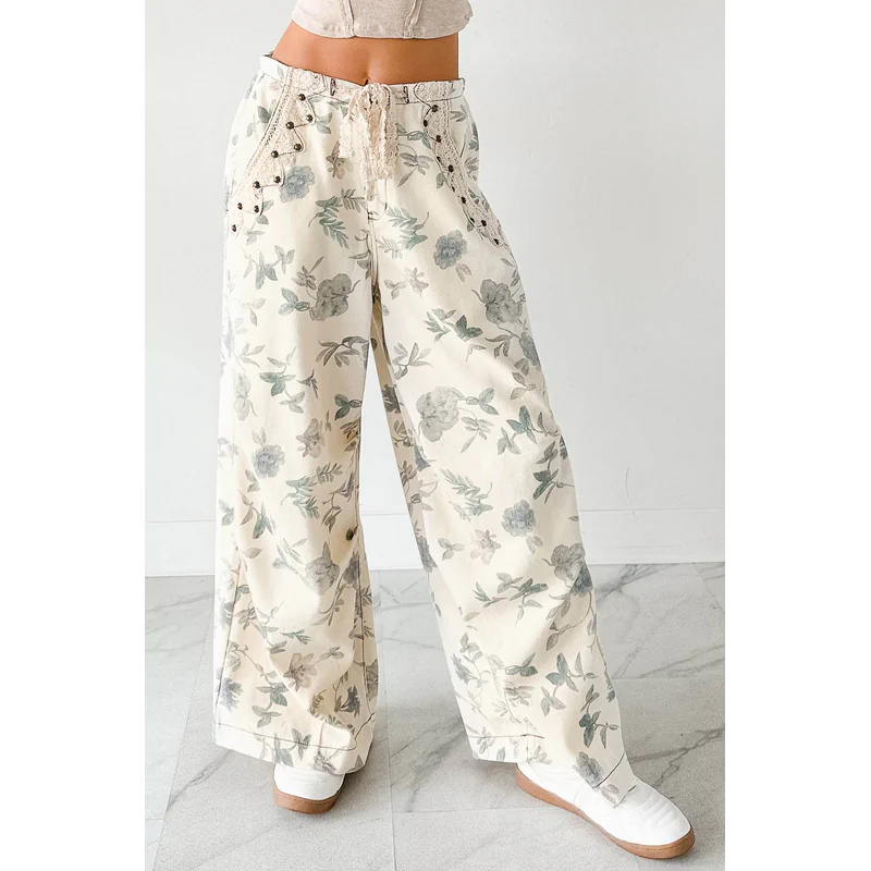 Lorelei Wide Leg Floral Pol Jeans Cream Floral - AngraBech