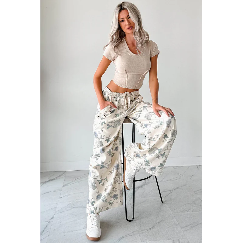 Lorelei Wide Leg Floral Pol Jeans Cream Floral - AngraBech