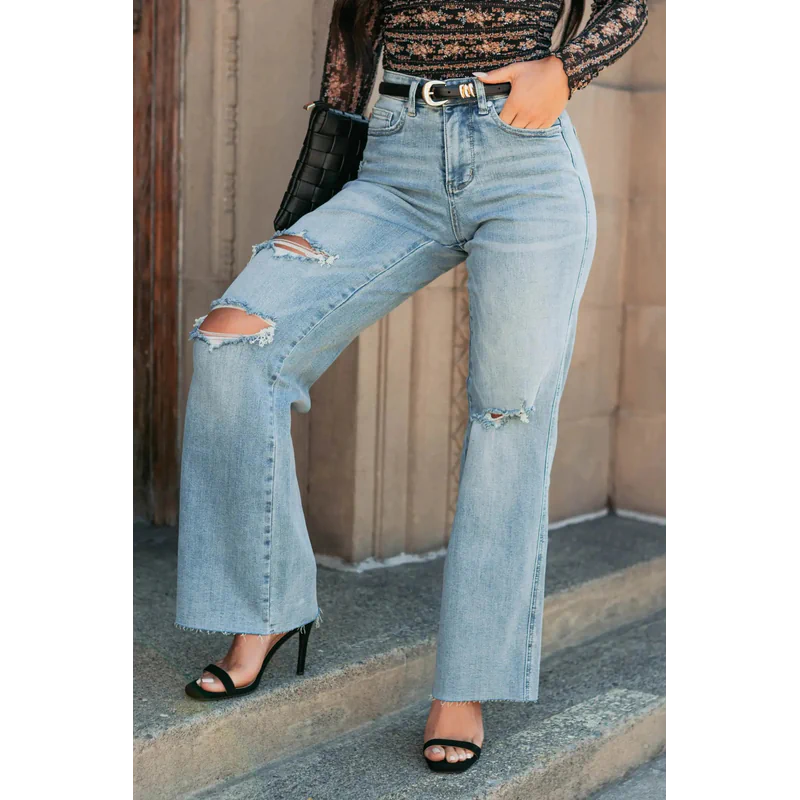 Romero Mid Rise Ripped Judy Blue Wide Leg Jeans Light - AngraBech