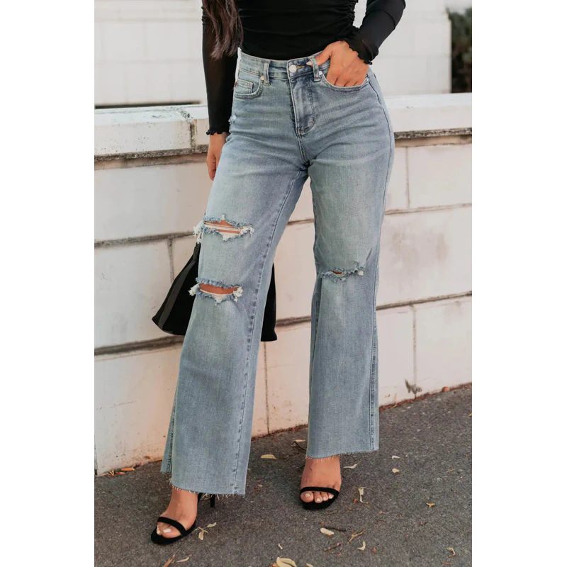 Romero Mid Rise Ripped Judy Blue Wide Leg Jeans Light - AngraBech