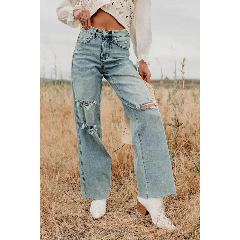 Romero Mid Rise Ripped Judy Blue Wide Leg Jeans Light - AngraBech